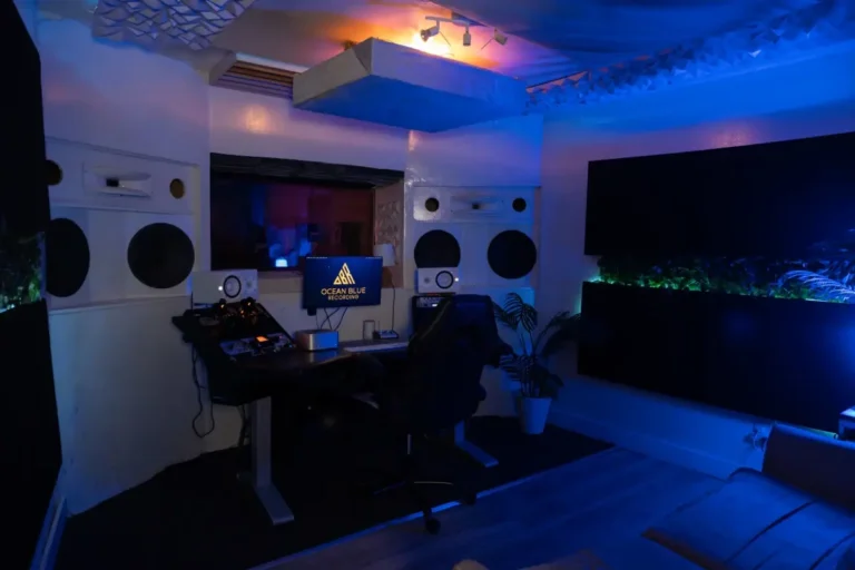 Mixing desk, studio monitors and producer chair in the tracking room at Ocean Blue Recording in Decatur, GA